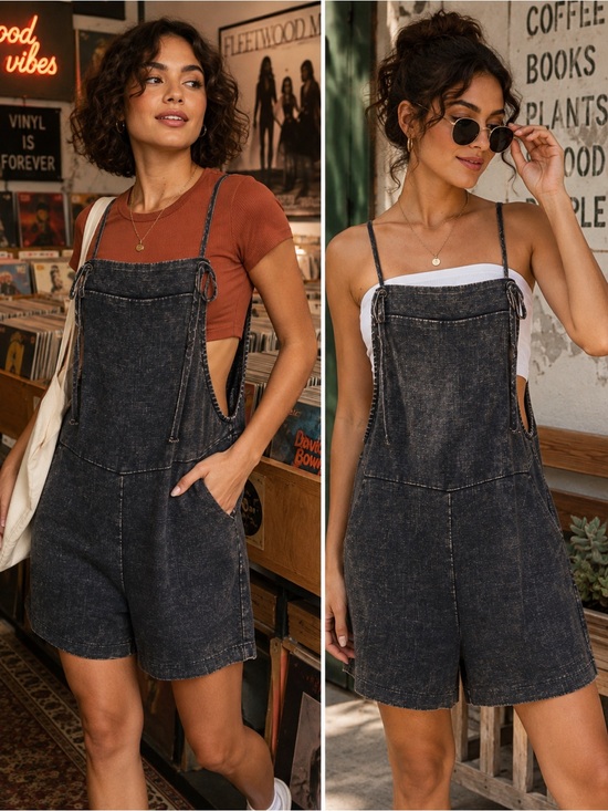 Zenana Outfitters Pants - Zenana Outfitters Washed Black Denim Short Overalls